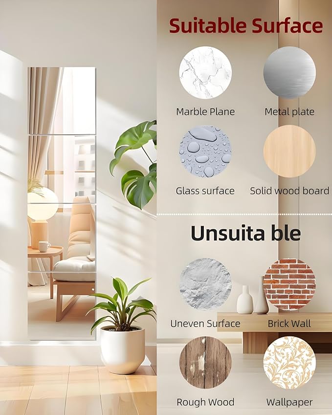 12" x 12" 4Pcs Full Length Wall Mirror Tiles, Frameless Wall Mounted Mirror Glass Wall Peel and Stick Mirror for Home Gym, Door, Bedroom, Living Room (12" x 12"-4PCS)
