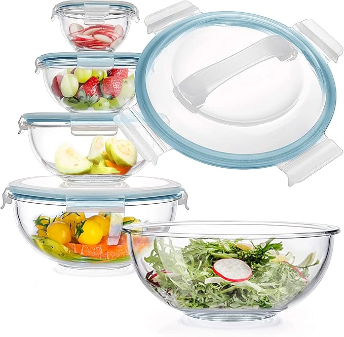 WhiteRhino Glass Mixing Bowl with Lids Set of 5, 0.2, 0.5, 1.1, 2.1, 3.75 QT, Large Salad Bowls with BPA-Free Lids, Space-Saving Nesting Bowls for Kitchen Food Storage, Glass bowl for Cooking, Baking