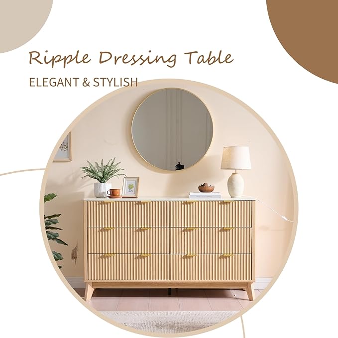 Fluted 6 Drawers Dresser for Bedroom, 55" Wide Modern Chest of Drawers with Metal Handle, Farmhouse Dresser TV Stand, Wood Drawer Organizer for Bedroom, Living Room, Hallway (Natural Oak)