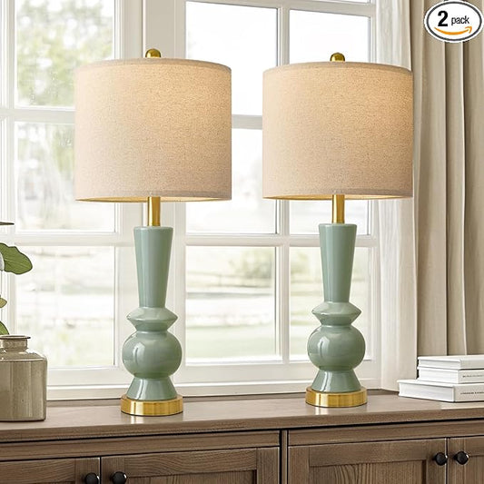 PORTRES 27" Modern Ceramic Table Lamp Set of 2 for Living Room Green & Gold Bedside Lamps for Bedroom Nightstand Lamp Tall End Table Lamps