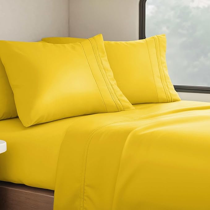 Clara Clark Bed Sheets, Premier 1800 Series 4 Piece RV Queen Sheet Set, Luxury Soft Sheets for RV Bunks, Short Queen - Yellow