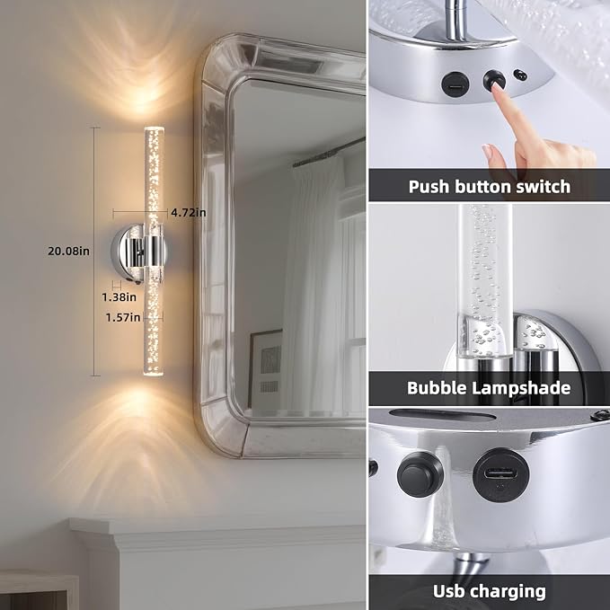 Silver Wall Light LED Battery Operated Wall Sconces(2 Pack), 20-Inch Dimmable Crystal Wall Sconce, Rechargeable Chrome Bubble Wall Lights, Wireless Wall Lamp for Bedroom, Living Room