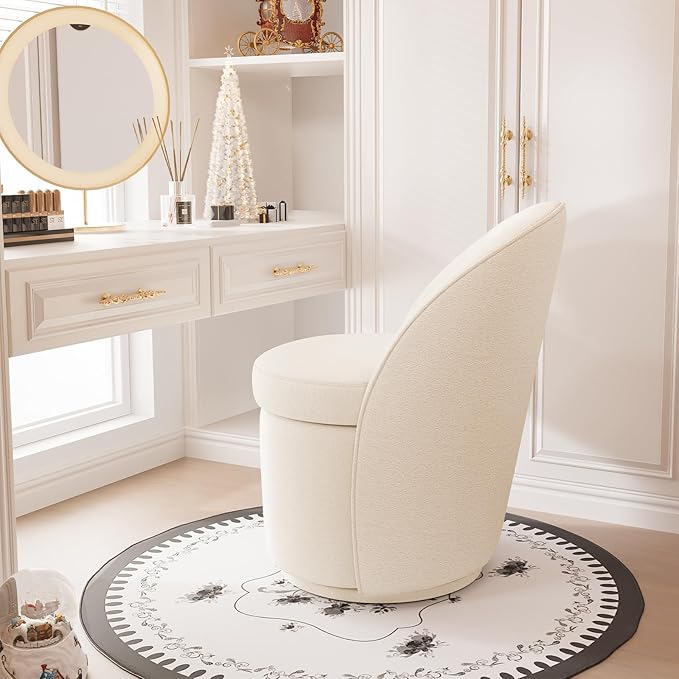 YOUNIKE Vanity Bench Boucle Fabric White Solid Wood Swivel Accent Chair with Backrest Easy Assembly Dressing Stool for Bedroom & Makeup Room