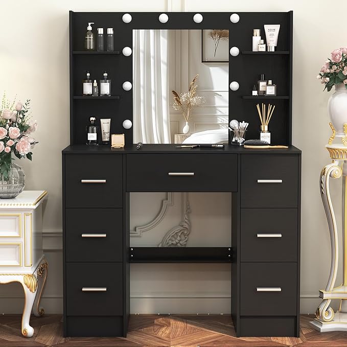 Vanity Desk with Mirror and Lights, Large Makeup Vanity Table Set with Drawers, Black Vanity with Lighted Mirror for Bedroom, Dressing Table for Teen Girls and Adult Women