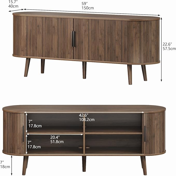 Fluted TV Stand Mid Century 59" TV and Media Console Table with Storage Shelf Sliding Door Modern Entertainment Center for Living Room, Bedroom fit 32"- 65" TVs (Rustic Brown, 59")