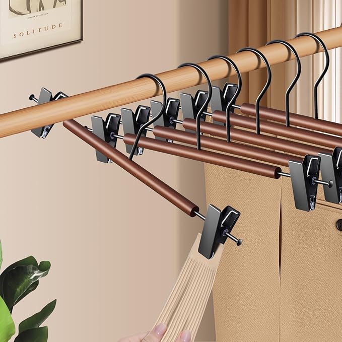 Wooden Pants Hangers with Clips 10 Pack Adjustable Wood Skirt Hangers for Women&Men Space Saving Closet Non Slip Clothes Hanger for Jeans,Trousers,Short,12Inch Brown