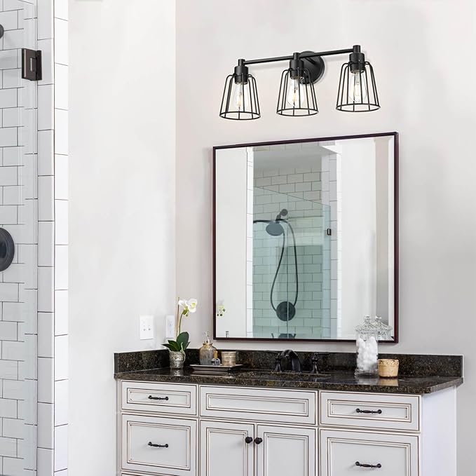 XiNBEi Lighting Farmhouse Bathroom Light Fixtures, 3 Light Bathroom Vanity Light, Industrial Metal Cage Sconces Wall Lighting in Matte Black Finish XB-W1287-3-MB