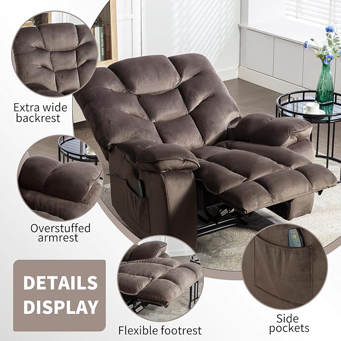 Oversized Electric Recliner Chairs with Massage and Heat, 41" Wide Power Reclining Chair with USB Charging Port, Breathable Overstuffed Reclining Sofa for Living Room Bedroom (No Lift)