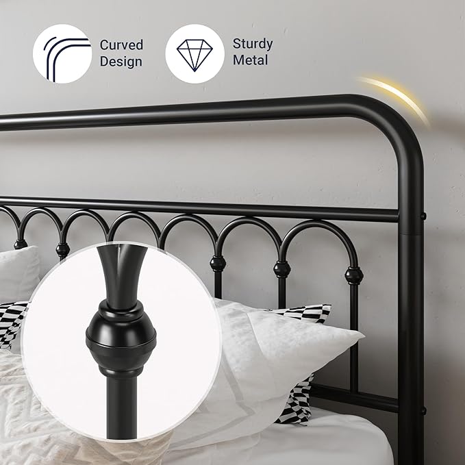 Allewie 14 Inches Full Size Metal Platform Bed Frame with Victorian Style Curved Iron-Art Headboard/Footboard, Metal Slats Support, Easy Assembly, Under Bed Storage, No Box Spring Required, Black