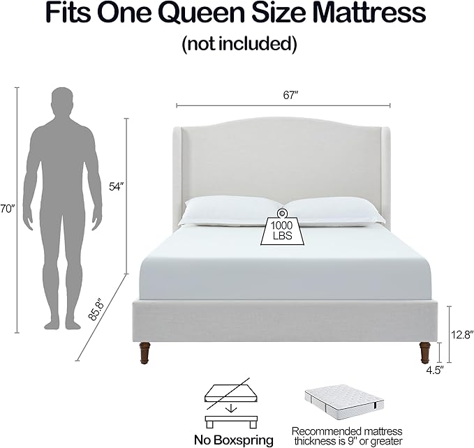 GDFStudio Tall Headboard Upholstered Bed,Queen Size Platform Bed Frame with Headboard Wingback,54" High No Box Spring Needed Easy Assembly Minimalist Designs Premium Textured Canvas Chenille