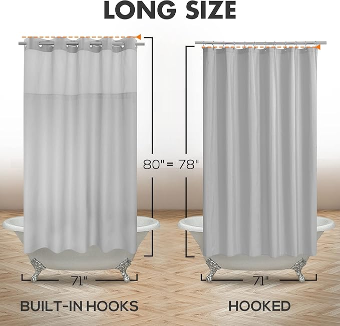 Long No Hook Slub Textured Shower Curtain with Snap-in PEVA Liner Set - 71" x 80"(78"), Hotel Style with See Through Top Window, Grey Fabric Curtain & Waterproof Liner, Gray, 71x80