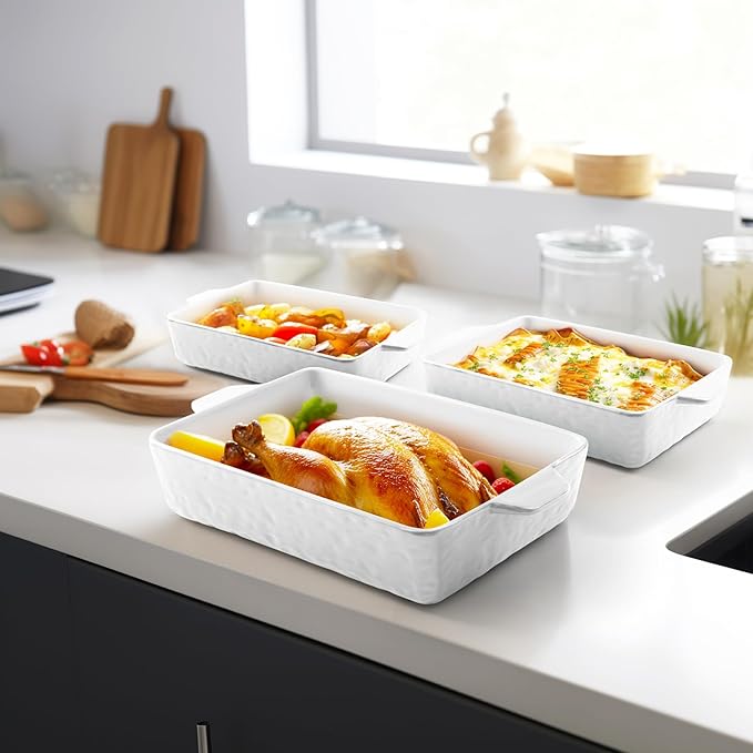 Casserole Dishes for Oven, Ceramic Baking Dishes, Lasagna Pan with Handles, Porcelain Baking Pan Deep, Bakeware for Baking, Cooking, Wedding Gift, Set of 3 (11.6" x 7.8", White)