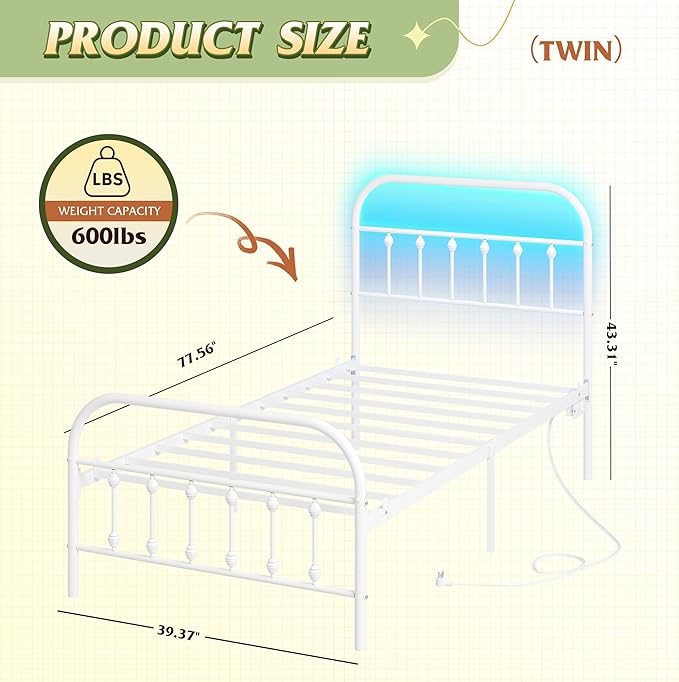 WLIVE Twin Bed Frames with Storage, Twin Bed Frame with LED Lights and Charging Station, Metal Platform Bed Frame with Headboard, White