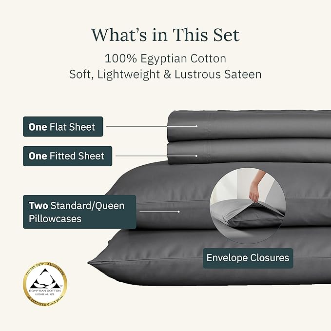 California Design Den Certified Luxury 100% Egyptian Cotton Sheets - Queen Sheets Set with Deep Pockets, Sateen Weave, Cool and Durable Luxury Bedding Set - Grey
