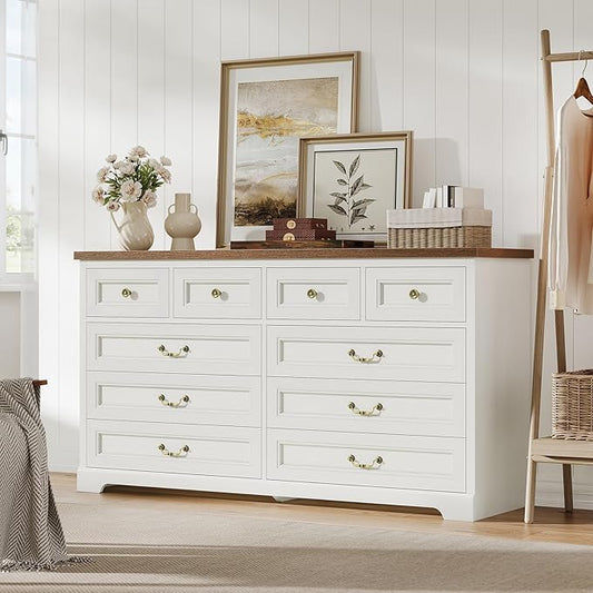 DICTAC 10 Drawers Dresser for Bedroom,55" Wide Farmhouse Dresser with Natural Texture and Vintage Metal Handles, Rustic Wood Chest of Drawers for Bedroom, Living Room, Hallway,White