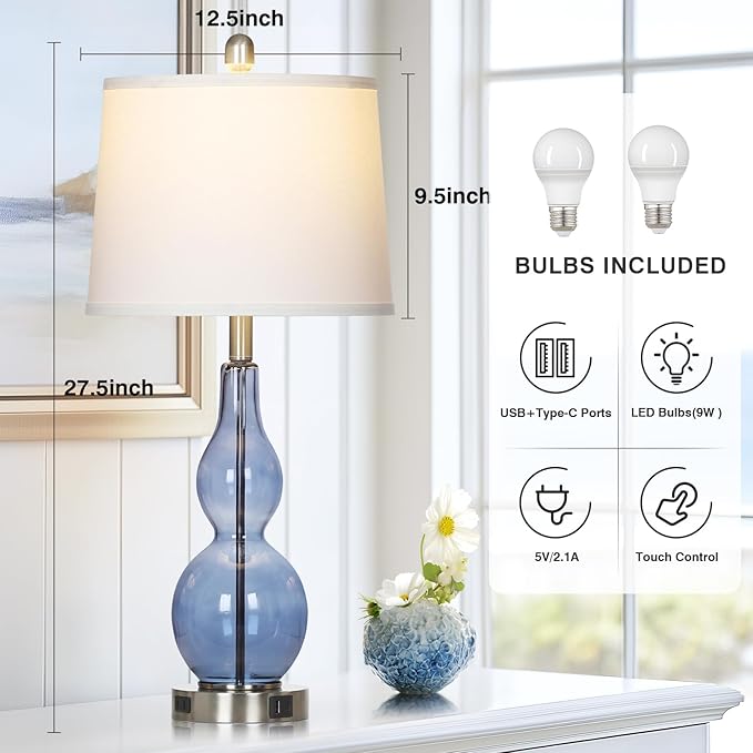 27.5" Coastal Blue Glass Double Gourd Table Lamp Set of 2,3-Way Dimmable Touch Control Bedside Lamps with USB Ports and AC Outlet, Nautical Nightstand Lamps for Bedroom Living Room