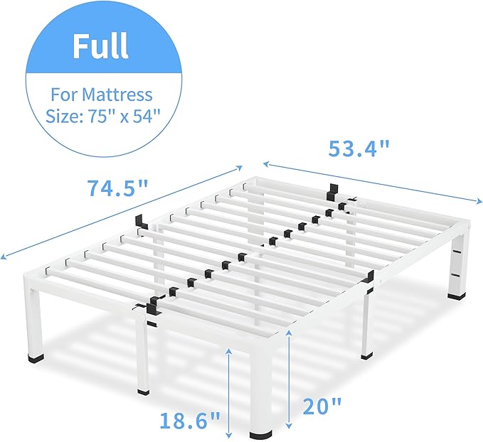 18 Inch Full Size White Bed Frame, 3500Lbs Heavy Duty Metal Platform with Round Corner Legs Mattress Slide Stopper, Steel Slat Support No Box Spring Needed, Noise Free, Non-Slip, Easy Assembly