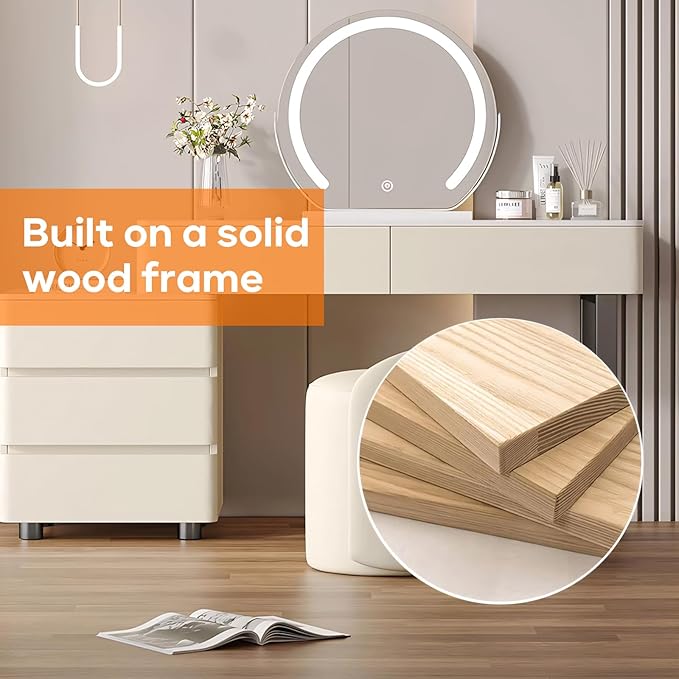 Solid Wood Vanity Desk, Modern Makeup Vanity with Drawers & Rock Slab Countertop and LED Light Mirror, Simple Dressing Table with Makeup Stool for Bedroom (Grey)