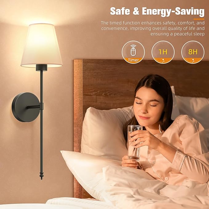 NIORSUN 19.9 inch Battery Operated Wall Sconce Set of 2,Black Rechargeable Wall Lights with 5200mAh Dimmable Detachable Bulbs and Remote,10 Colors Wireless Sconces for Bedroom Living Room Hallway