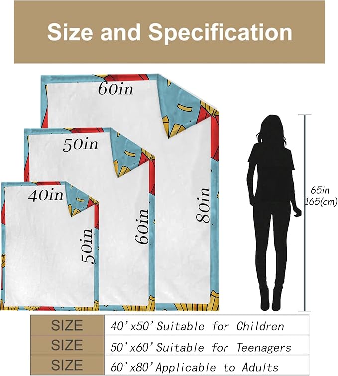 French Fries Blanket Gifts for Adults and Kids Funny Food Throw Blankets for Bed Room Couch Soft Lightweight Warm Cozy Throws Decor 50x60in