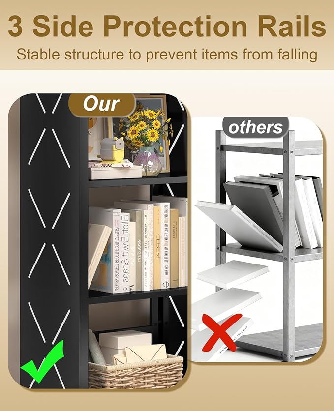 Book Shelf, 3-Tier Adjustable Bookcase with Anti-Tip Kit & Leveling Feet, Heavy-Duty Metal Storage Organizer, Modern Corner Shelves for Kitchen, Garage, Home Office - Black