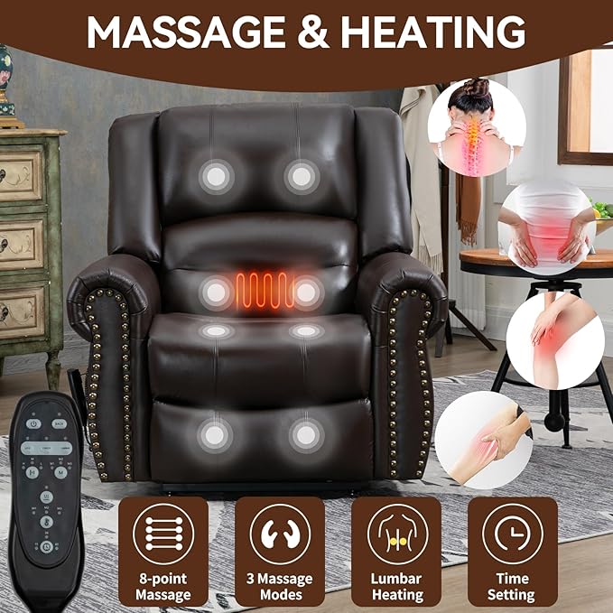 Dual Motor Power Lift Chair, Lay Flat Recliner Chair, Electric Recliner with Massage and Heat for Elderly, Remote Control, Infinite Position, Standing Assistance, USB Ports, Genuine Leather, Brown