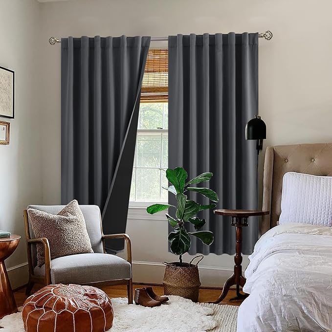 BGment 100% Room Darkening Thermal Insulated Blackout Curtains 72 Inches Long for Bedroom, Rod Pocket and Back Tab Double Layer Noise Cancelling Curtain with Liner (52 x 72 Inch, 2 Panels, Dark Grey)