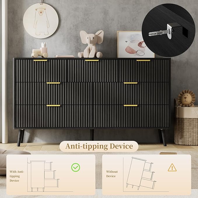 LYNSOM 55" Wide Fluted Dresser for Bedroom with 7 Drawer, Modern Chest of Drawers with Curved Profile Design and Metal Handles, Wood Dresser TV Stand & Storage Organizer for Living Room, Black