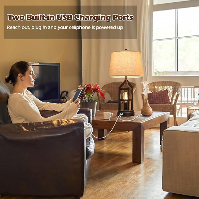 Farmhouse Table Lamps for Living Room Set of 2, 3-Way Dimmable Touch Control Bedside Lamps with 2 USB Charging Ports, Bedroom Reading Lamps for Nightstand, Rustic Home Decor, 4 LED Bulbs Included