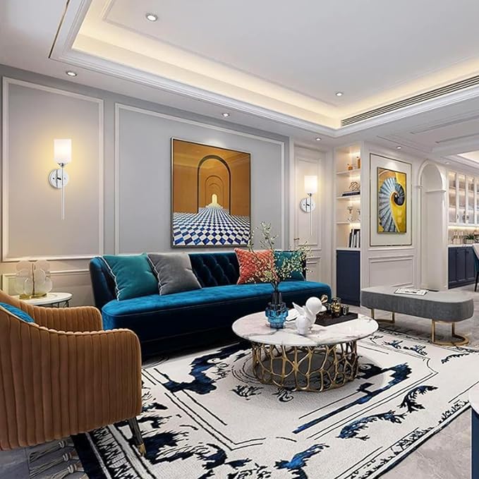 Modern Wall Sconce Set of 2 White Cylinder Glass Shades Mid Century Bathroom Vanity Wall Light Fixtures Industrial Wall Lamp for Bedroom Mirror Living Room Restaurant(Chrome Color)