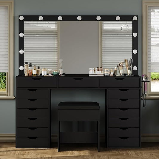 15 Drawers Vanity Desk with Power Outlet, Makeup Table with Mirror and 13 LED Lights, 3 Color Lighting Modes, Brightness Adjustable, Glass Top Dressing Table, Vanity Set for Bedroom, Black