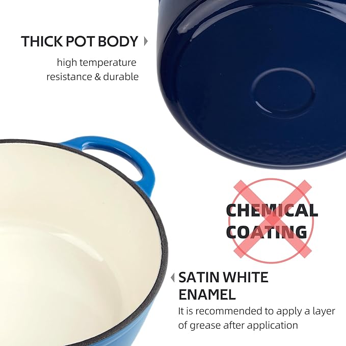 3 Quart Dutch Oven Enameled Cast Iron with Lid - Big Dual Handles - Oven Safe up to 500°F - Classic Round Pot for Versatile Cooking Blue
