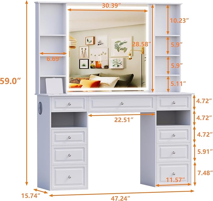 Extra Large Vanity Desk with Mirror and Lights, White Vanity with Bluetooth Speaker, Wireless Charging and Mask Cooler, Makeup Vanity Table with 9 Drawers for Women (Minimalist Style)