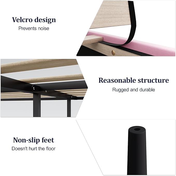 Queen Size Bed Frame, Queen Size Platform Bed Frame with Headboard, Upholstered Headboard, Sturdy Wooden Slats, Noiseless No Box Spring Required, Easy to Assemble, Pink