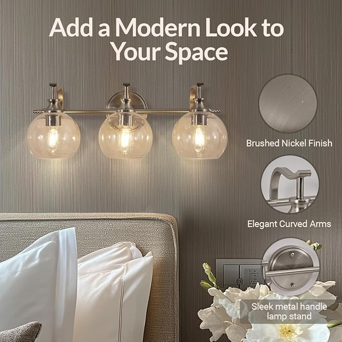 ANDY STAR 3 Light Bathroom Vanity Lights, Modern Wall Sconces Lighting, Silver Bathroom Lights with Clear Glass Shades, Bath Wall Lights Wall Lamp for Mirror, Living Room, Kitchen, Hallway