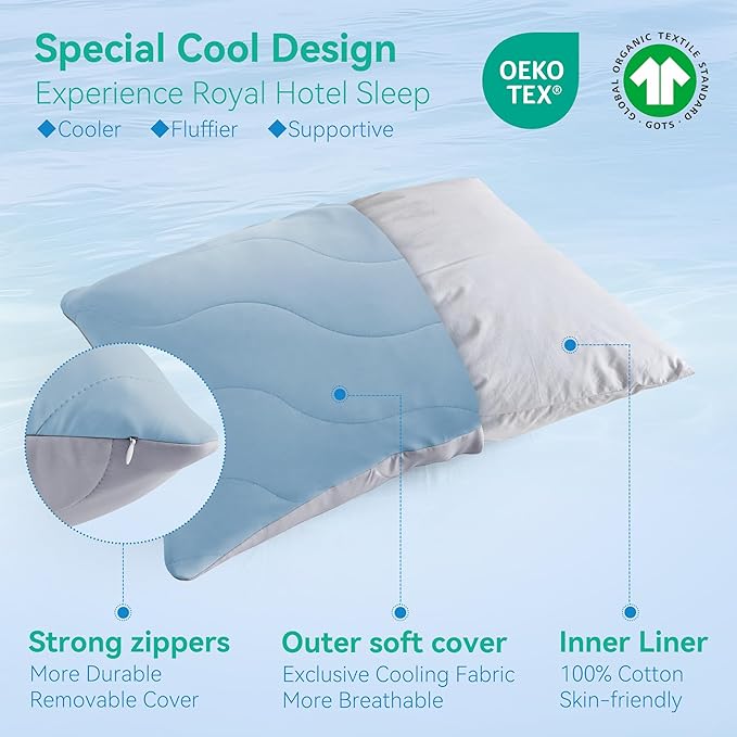 Three Geese Cooling Goose Down Feather Pillows Standard Size for Hot Sleepers, Q-Max>0.45, Hotel Quality Cooling Bed Pillows with Washable Removable Cover for Side Stomach Back Sleepers, 20" x 26"