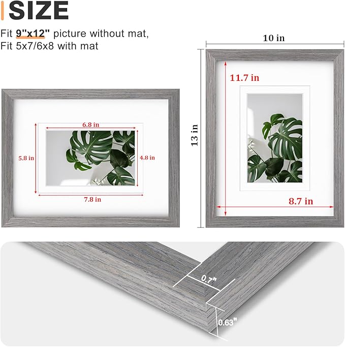 Egofine 9x12 Picture Frame Made of Solid Wood with Plexiglass, Display Pictures 5x7/6x8 with Mat or 9x12 Without Mat for Tabletop and Wall Mounting, Oak Grey