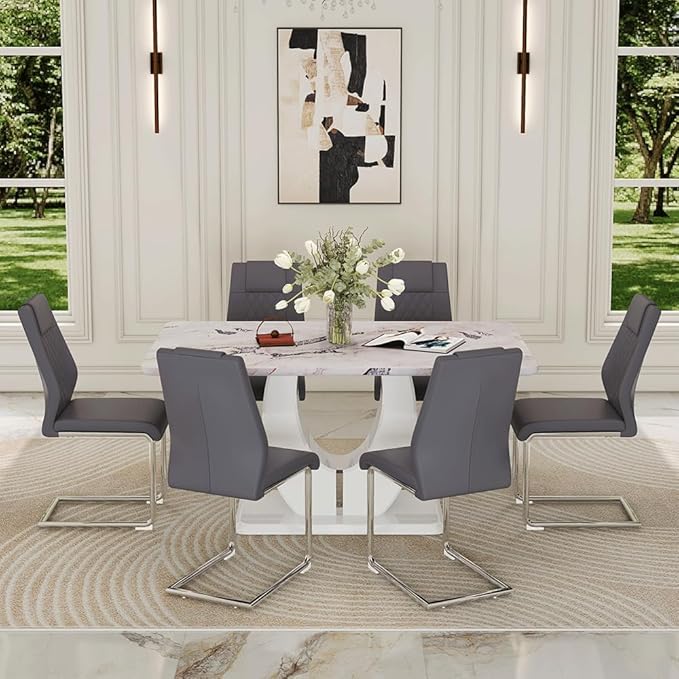 Dining Table Set for 6, Kitchen Table Chairs Set of 6, Modern Dining Room Set 63'' Faux Marble Dinner Table PU Leather Upholstered Chairs for Kitchen