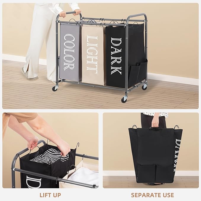 STORAGE MANIAC 3 Section Laundry Sorter, 35.9 Gal (136 L) Laundry Hamper Cart with Heavy Duty Rolling Lockable Wheel and Removable Bag, Clothes Organizer Basket Clothes Separator Hamper, Multicolored