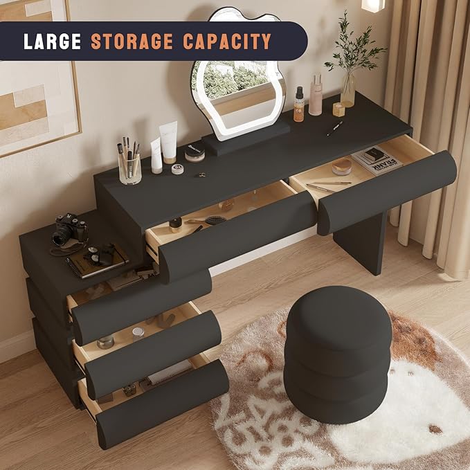 Makeup Vanity Desk with Mirror and Lights, Luxury Dressing Table with Free Retractable Side Cabinet, Microfibre Leather Wrapped Vanity Set with 5 Solid Wood Drawers, Stool-39.4in / Black
