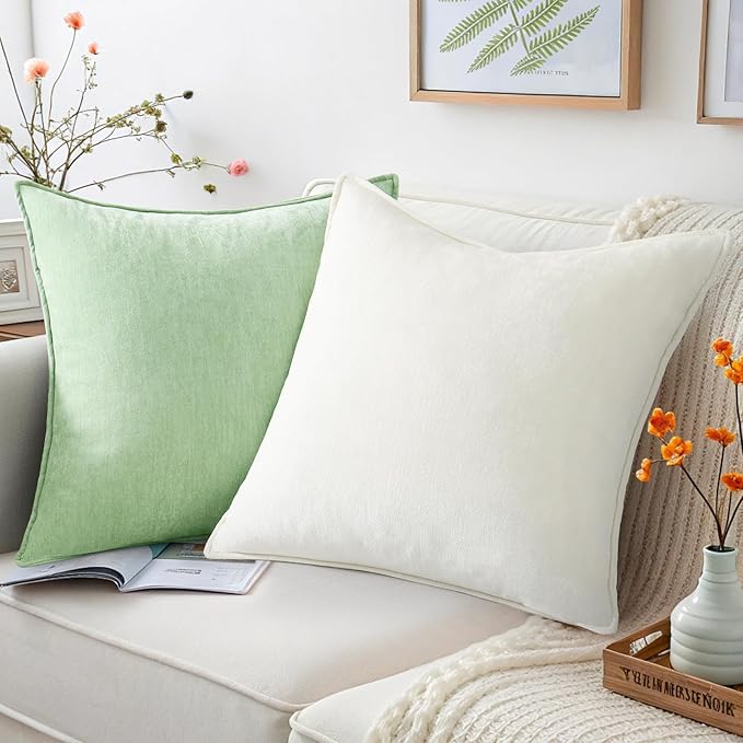 decorUhome Couch Throw Pillow Covers 18x18 Set of 2, Decorative Soft Euro Neutral Chenille Pillow Covers with Elegant Design for Sofa Bed Living Room Home Decor, Cream White