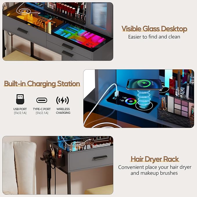 Makeup Vanity Desk with Mirror and RGB Lights,Glass Top Vanity Table with Wireless Charging & Stool,Vanity Set with 6 Drawers & Storage Cabinet & Makeup Organizer，Bedroom（Grey）