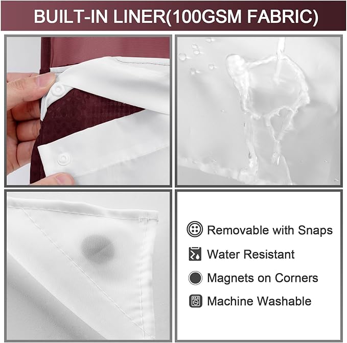 YellyHommy No Hook Shower Curtain with Snap in Liner Set Less Time Waffle Shower Curtain for Bathroom 75" L x 72" W Burgundy