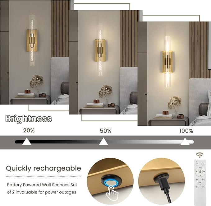 Brass Wall Sconce Set of Two, Battery Operated Wall Sconce, Gold Wall Lamp with Remote Controls, Indoor Non-Hardwired Bedside Wall Sconces, Gold Vanity Light for Bedroom, Vanity, Hallway, etc