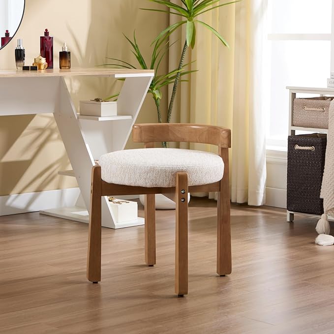 DUOMAY Modern Chenille Vanity Stool, Upholstered Low Back Ottoman with Solid Wood Legs Cute Round Footrest Makeup Stool Dressing Seat for Living Room Bedroom, Beige