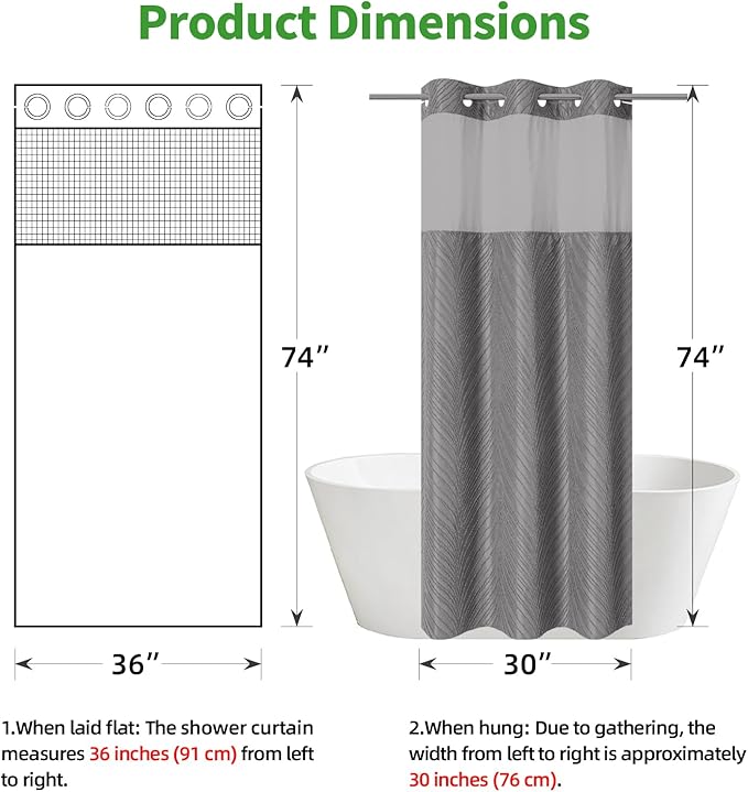 stall no Hook Tufted Shower Curtain with snap in Liner Set, White Waterproof Fabric Inner Liner,Boho Style Shower Curtain with See Through top Window, WarmGrey, 36Wx74H