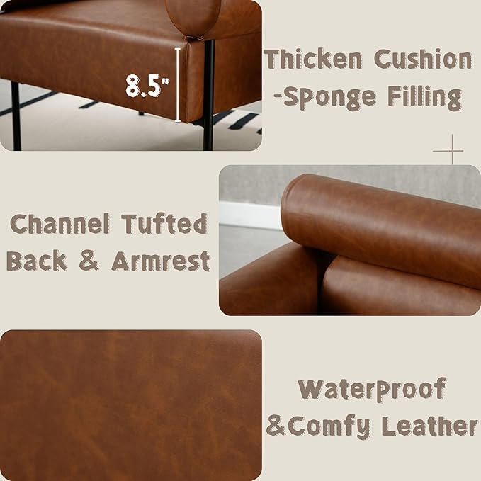 Modern Accent Chair, Single Sofa Accent Chair for Living Room, Upholstered Leather Mid-Century Modern Armchair, Oversized Reading Chair with Channel Tufted for Bedroom, Office, Brown