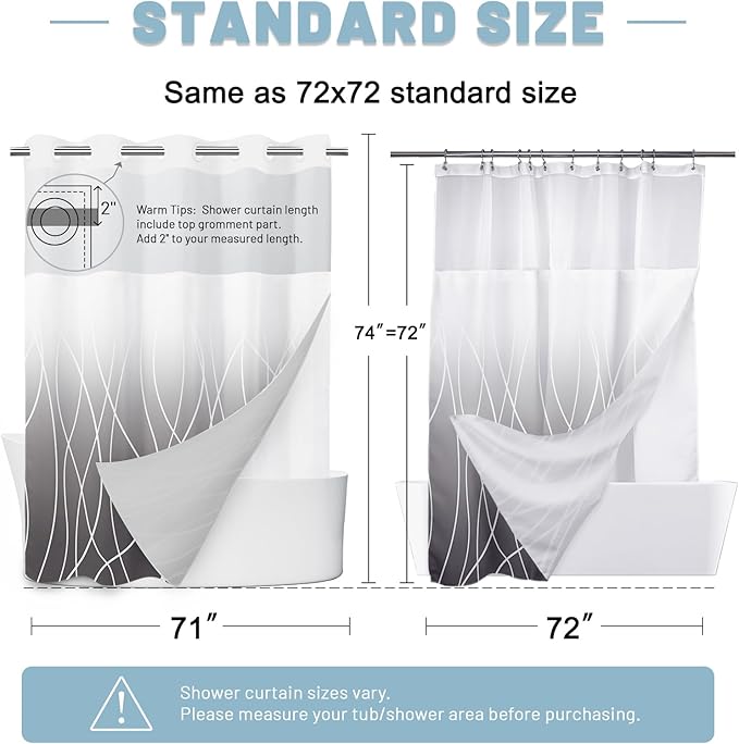 No Hook Ombre Dark Grey Striped Shower Curtain with Snap in Liner Set - Hotel Shower Curtain and Liner Set with See Through Mesh Top Window,Machine Washable, 71x74 INCH
