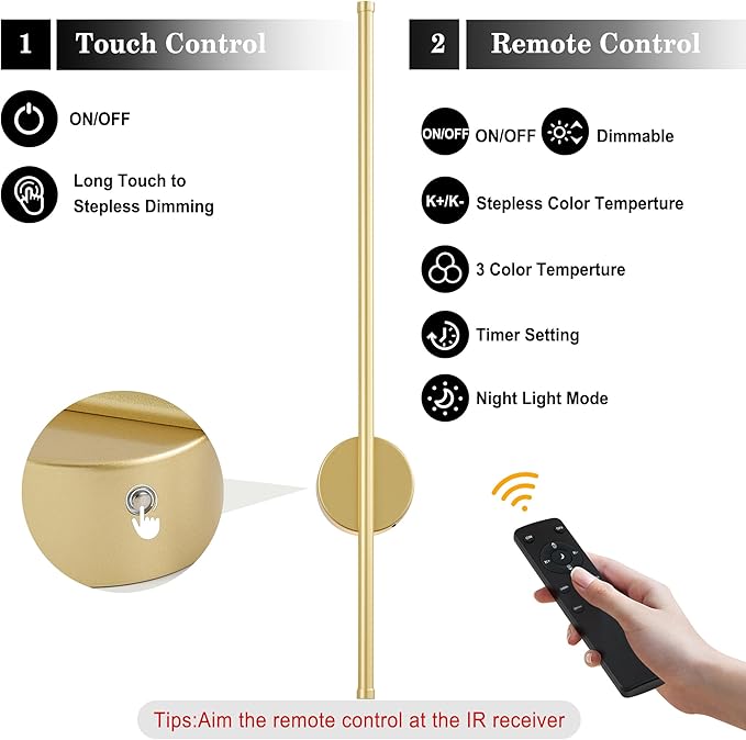 Battery Operated Modern Wall Sconces,Dimmable Wireless Wall Light Set of Two with Remote Control,3 Color Temperatures,Rechargeable LED Wall Sconce for Bedroom,Living Room,Hallway,23.6 Inch, Gold
