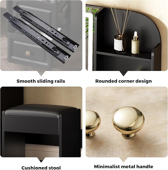 43" Makeup Vanity Desk with Mirror and Lights, & Power Outl, Glass Top Big Vanity Table with 9 Drawers& 8 Storage Shelves, Dressing Table Set with Chair for Bedroom, Black